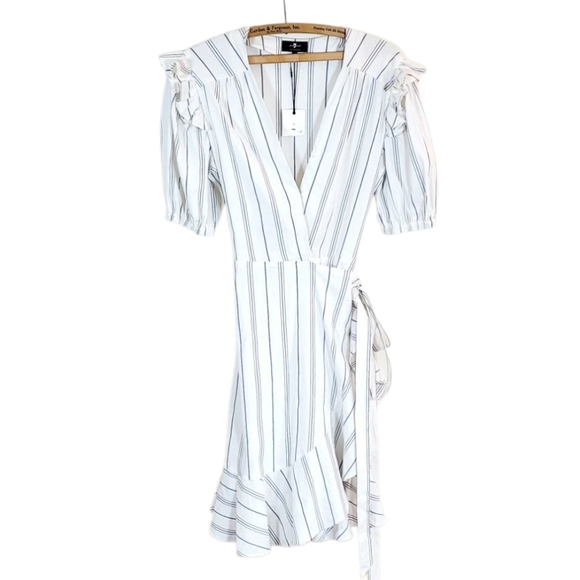 NWT 7 FOR ALL MANKIND Ruffle Detail Linen Blend White & Black Striped Wrap Dress - Picture 11 of 13